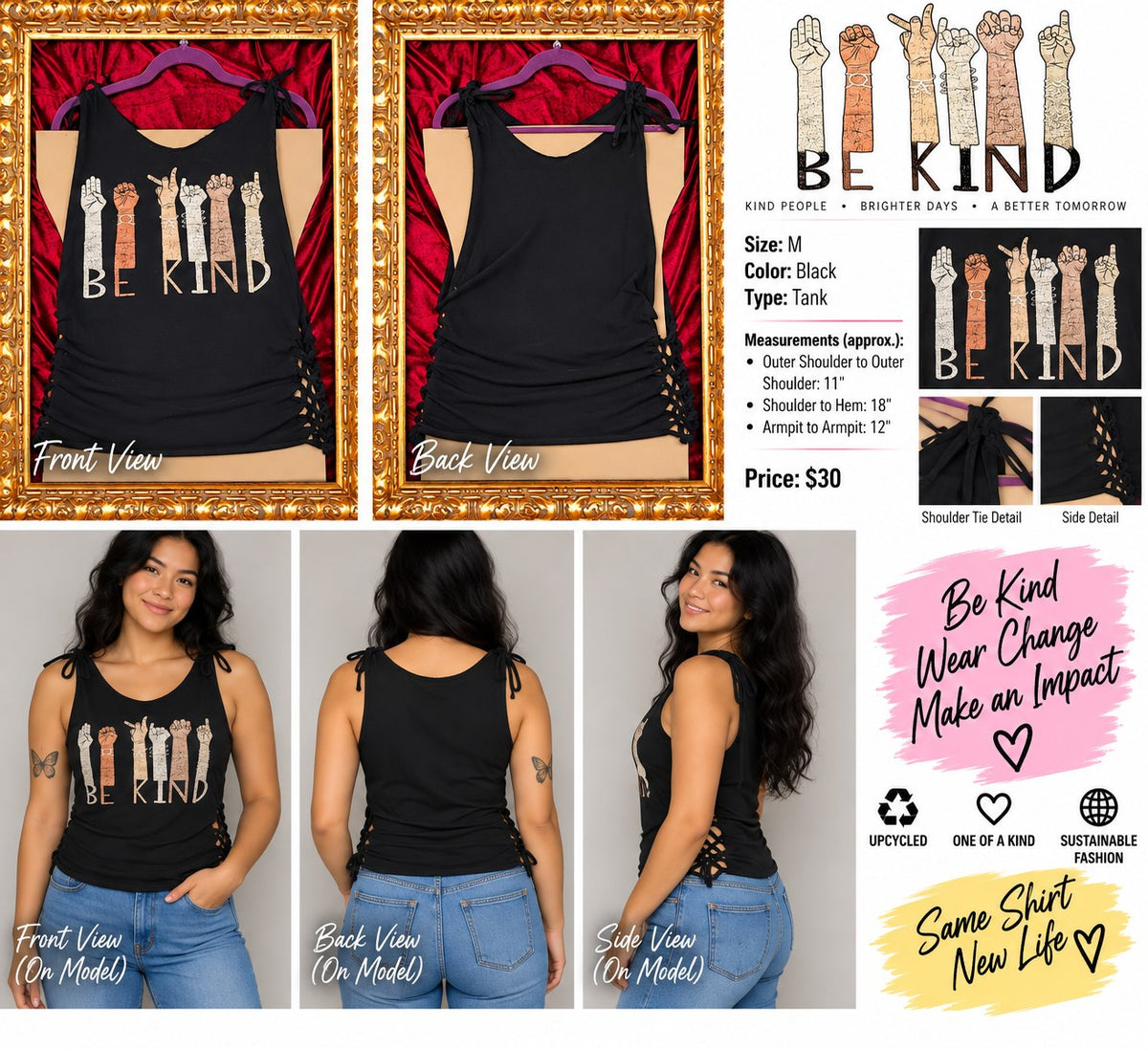Be Kind – One-of-a-Kind Women’s M Reworked Tank - details and styling