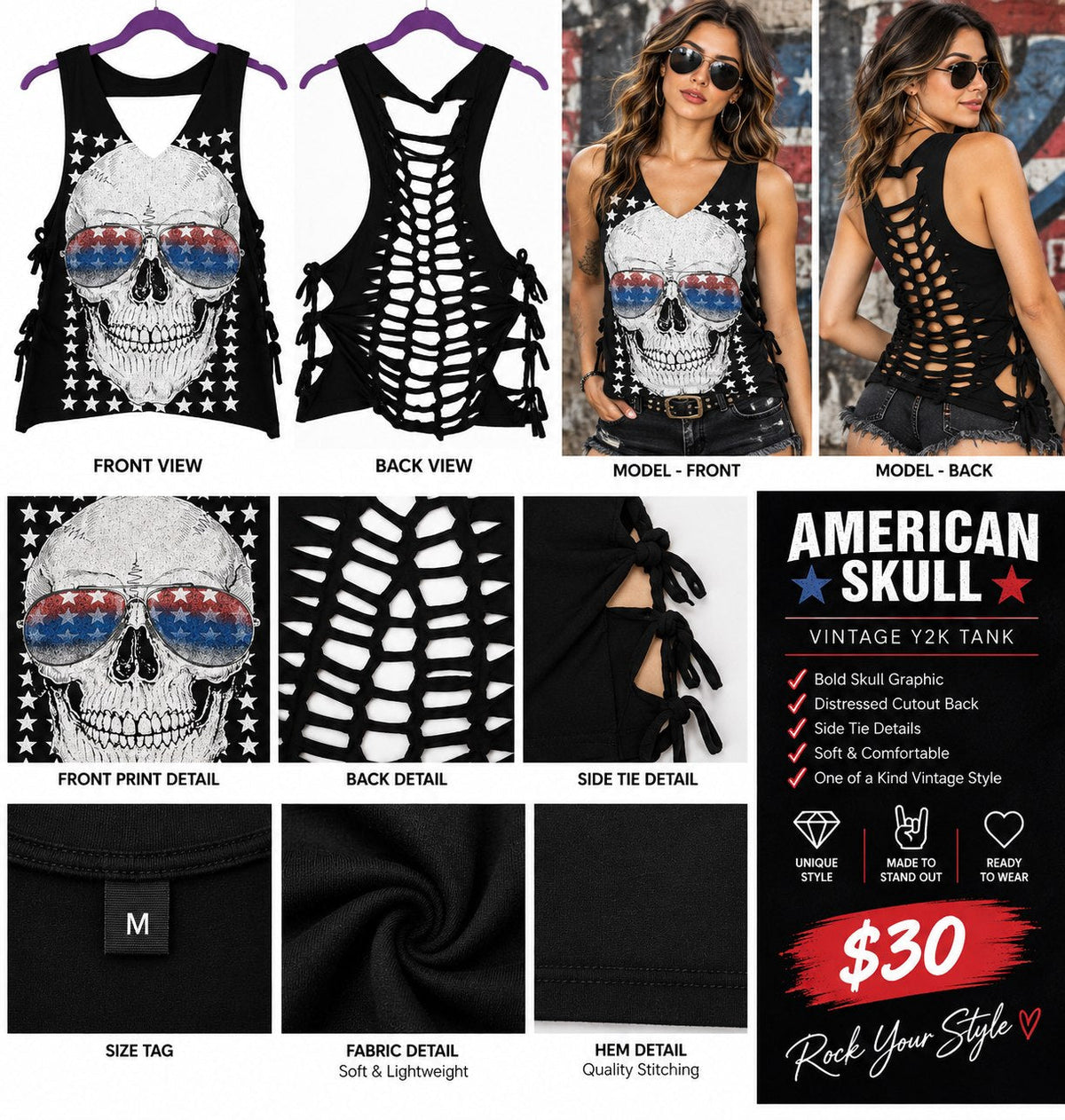 American Skull – One-of-a-Kind Women’s M Reworked Tank - details and styling