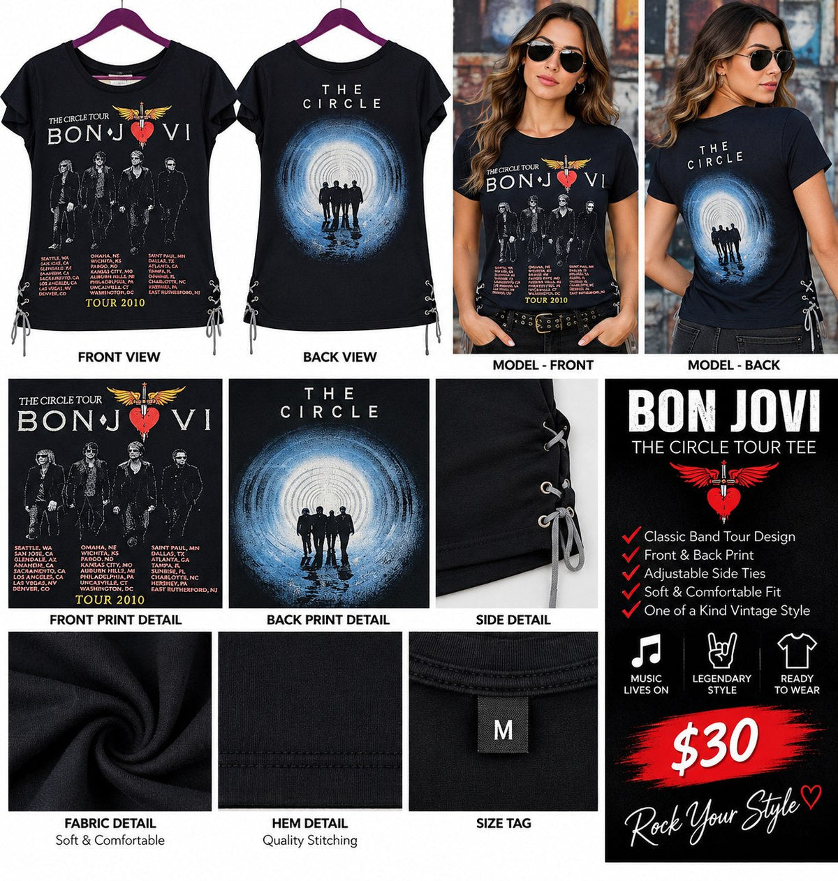Bon Jovi – One-of-a-Kind Women’s M Reworked Shirt - details and styling