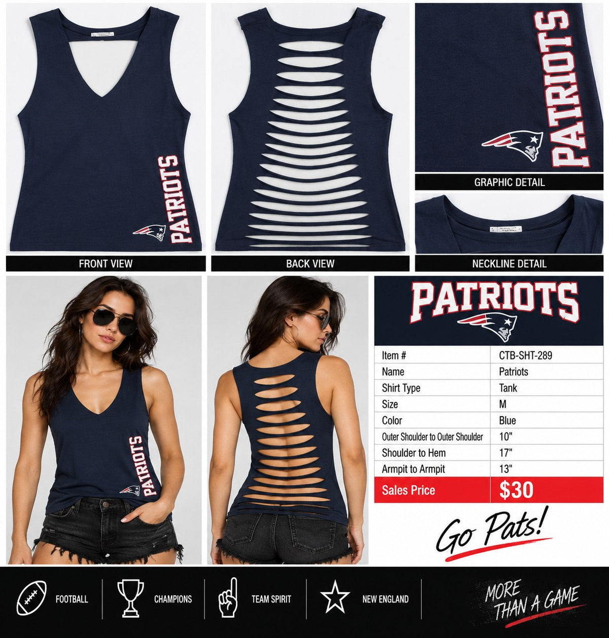 Patriots – One-of-a-Kind Women’s M Reworked Tank - details and styling