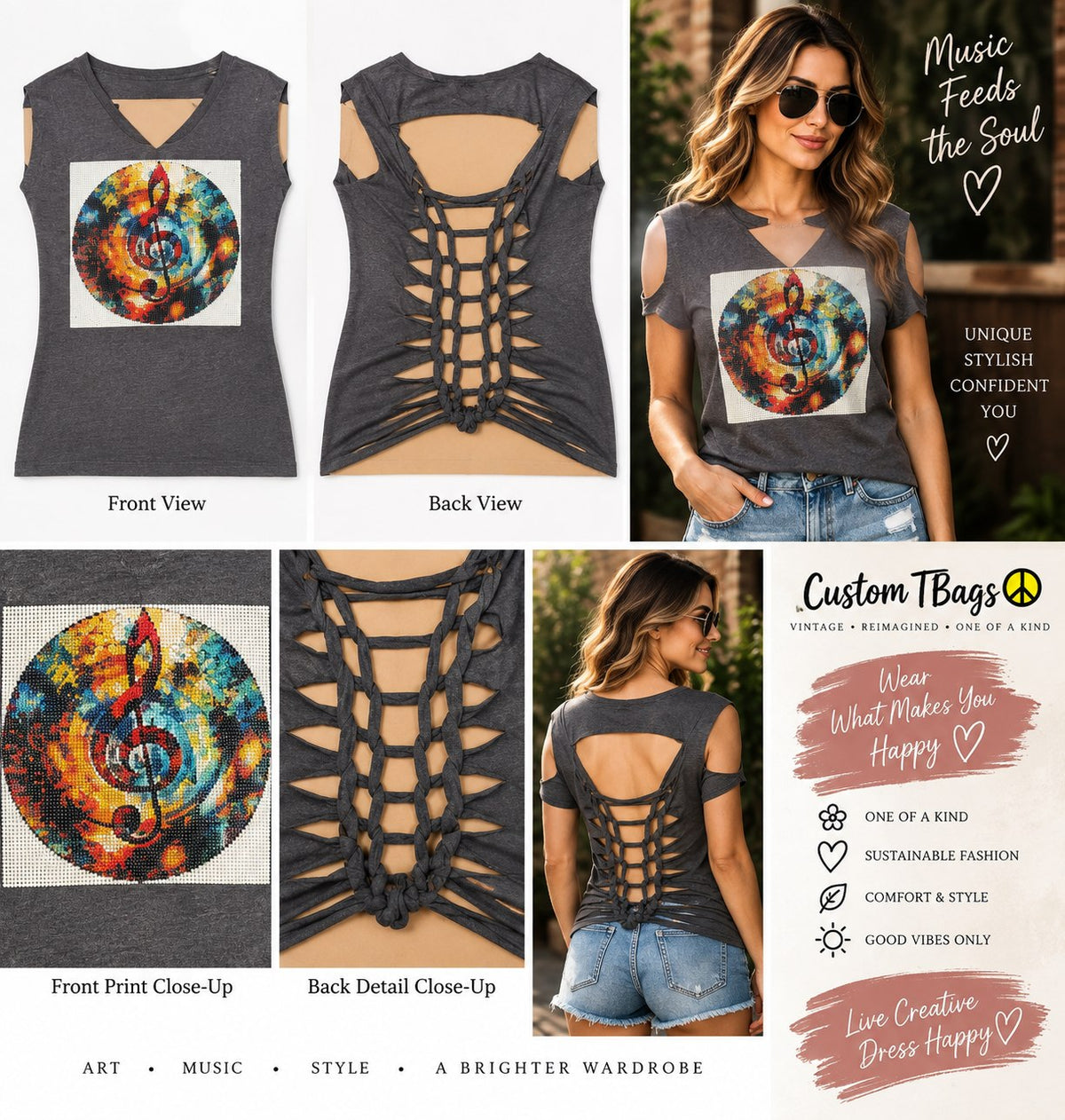 Music Note – One-of-a-Kind Women’s M Reworked Shirt - details and styling