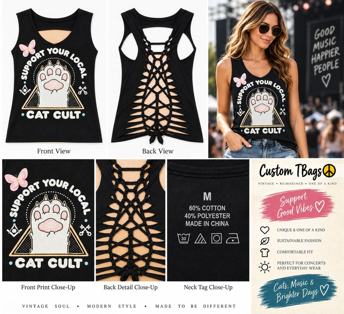 Support Your Cat – One-of-a-Kind Women’s M Reworked Tank - details and styling