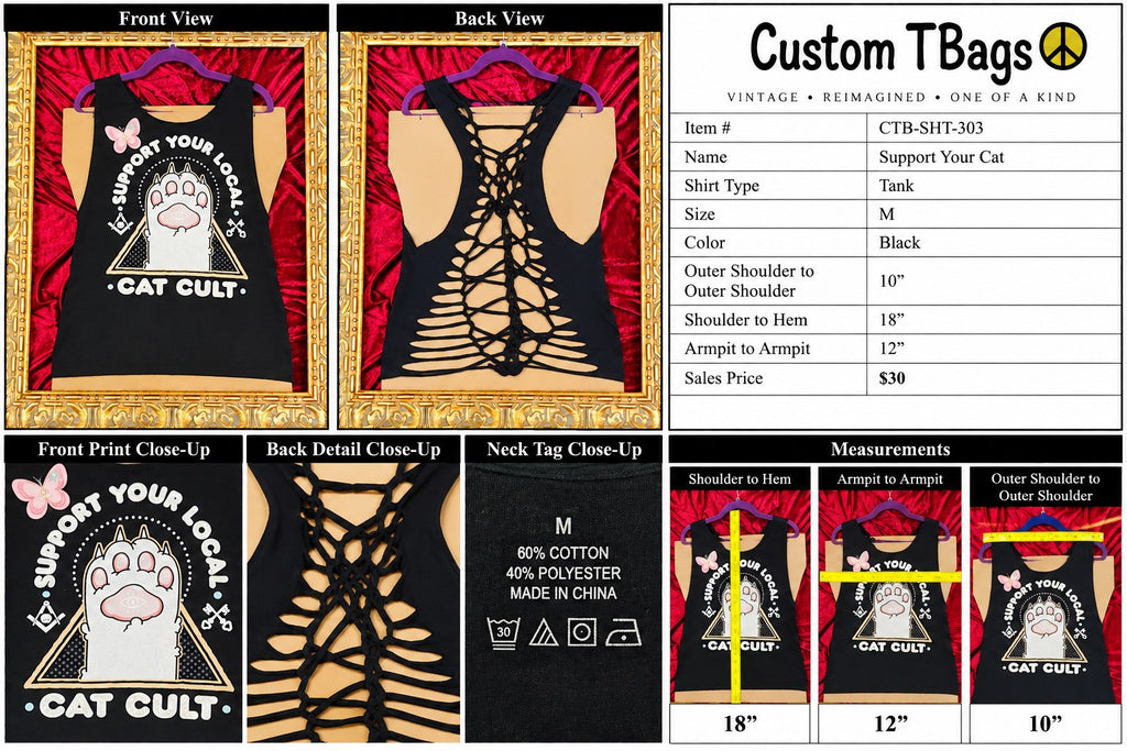 Support Your Cat – One-of-a-Kind Women’s M Reworked Tank - details and styling