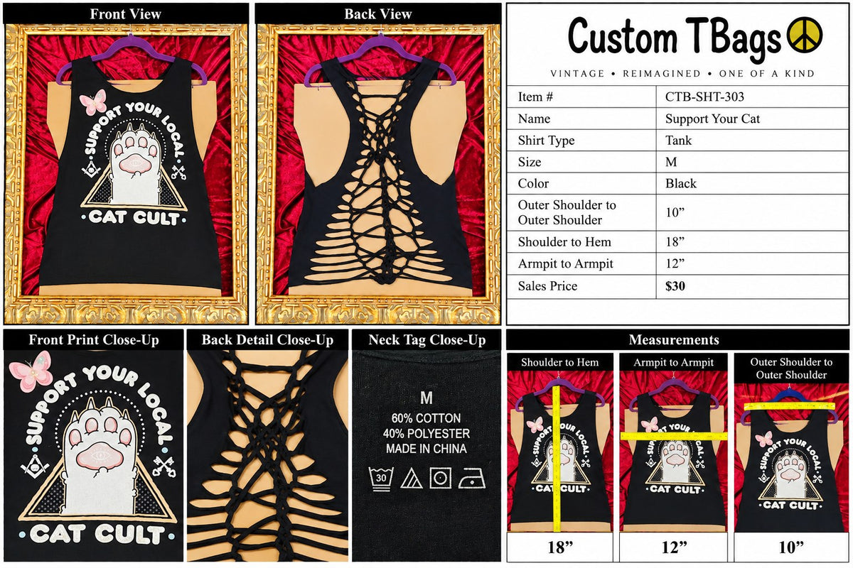 Support Your Cat – One-of-a-Kind Women’s M Reworked Tank - details and styling