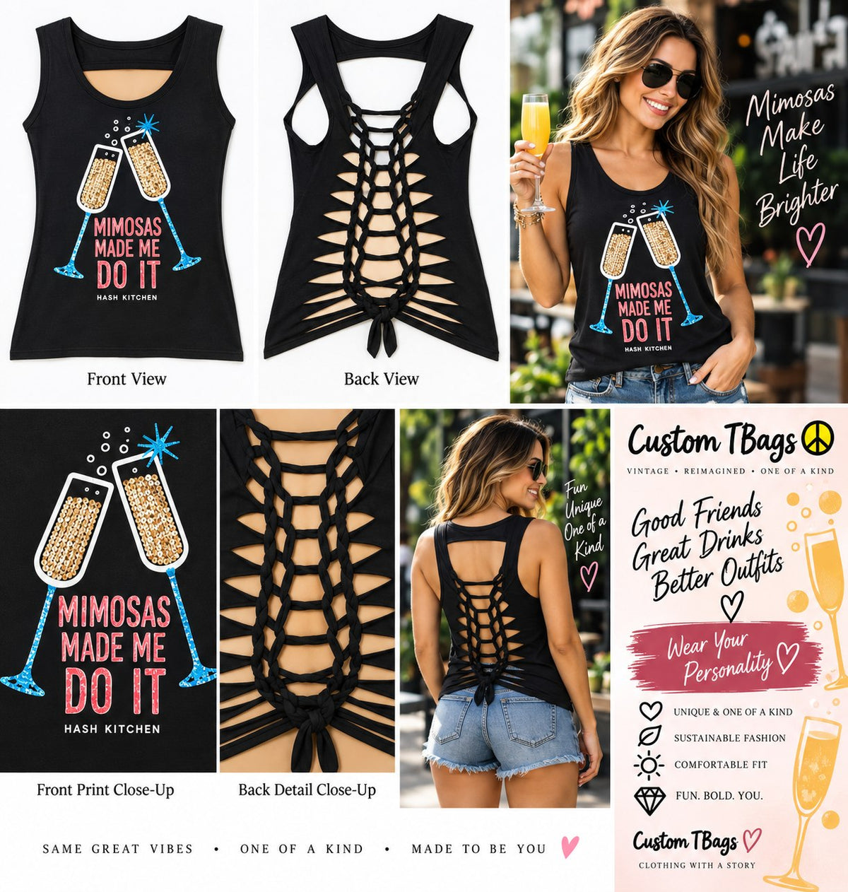 Mimosas Made Me Do It – One-of-a-Kind Women’s M Reworked Tank - details and styling