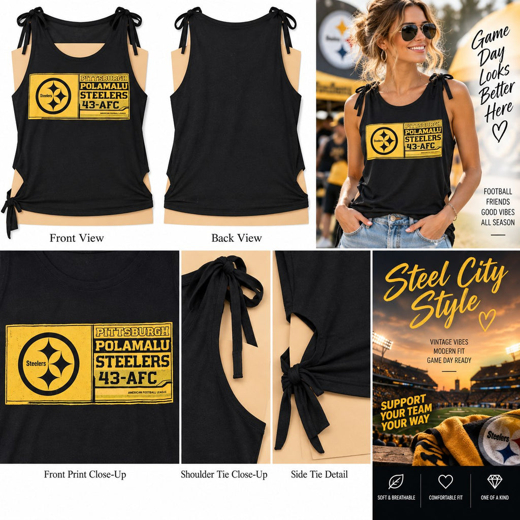 Pittsburgh Steelers – One-of-a-Kind Women’s L Reworked Tank - details and styling