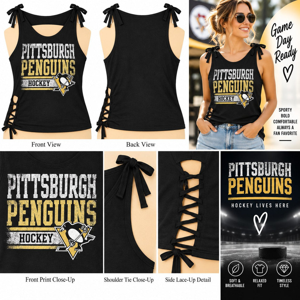 Pittsburg Penguins – One-of-a-Kind Women’s L Reworked Tank - details and styling