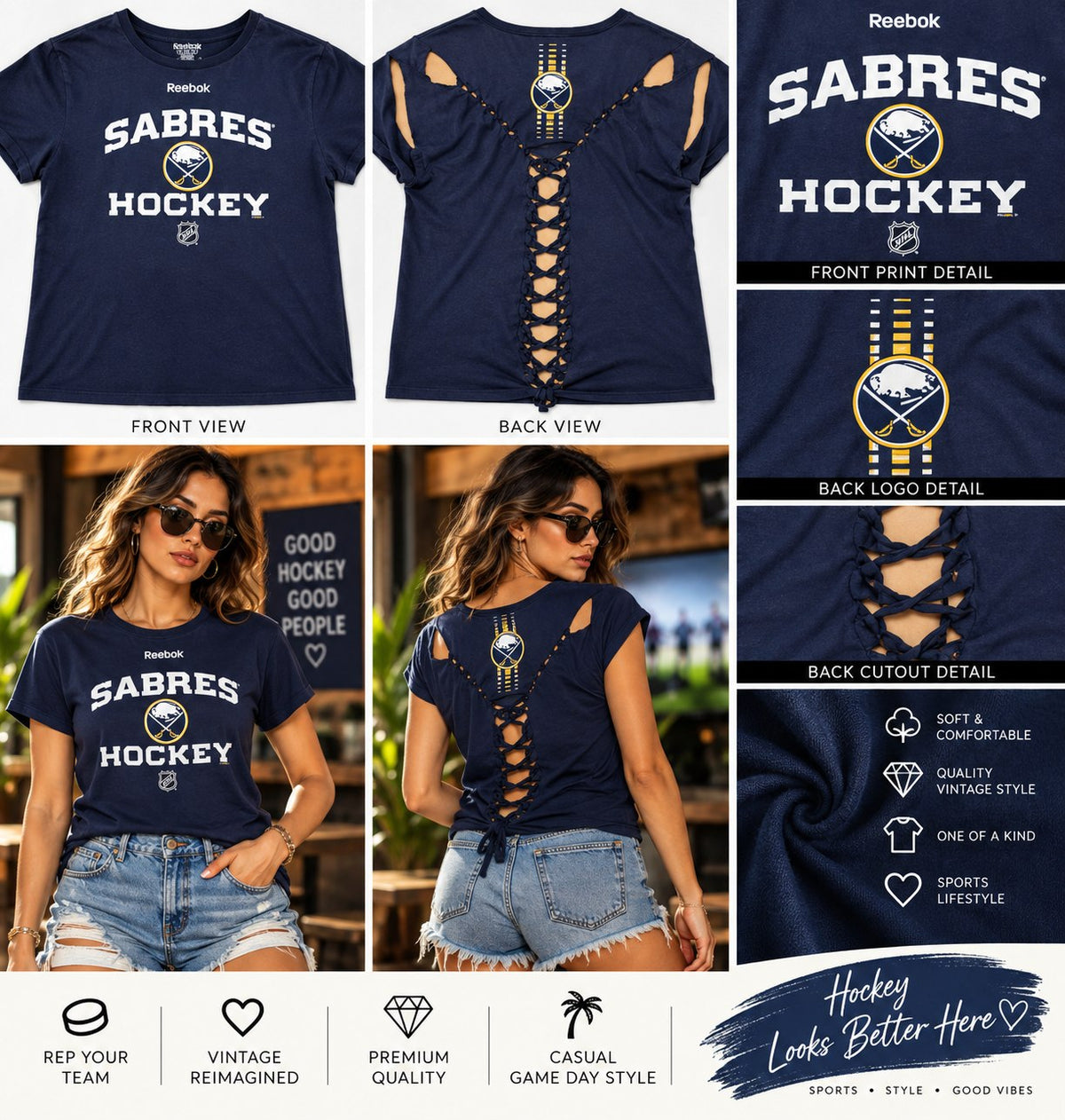 Sabres Hockey – One-of-a-Kind Women’s L Reworked Shirt - details and styling