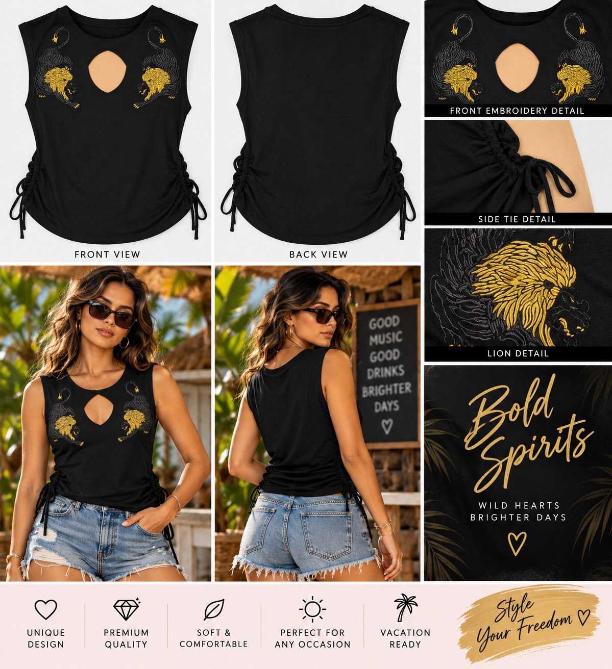 Blk / Gold Lion – One-of-a-Kind Women’s L Reworked Tank - details and styling