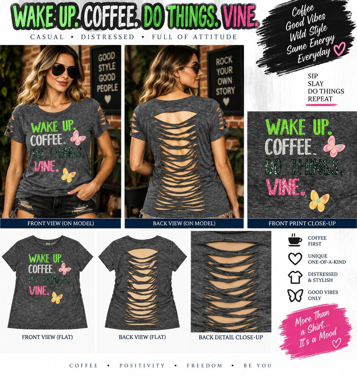 Wake Up Coffee – One-of-a-Kind Women’s L Reworked Shirt - details and styling