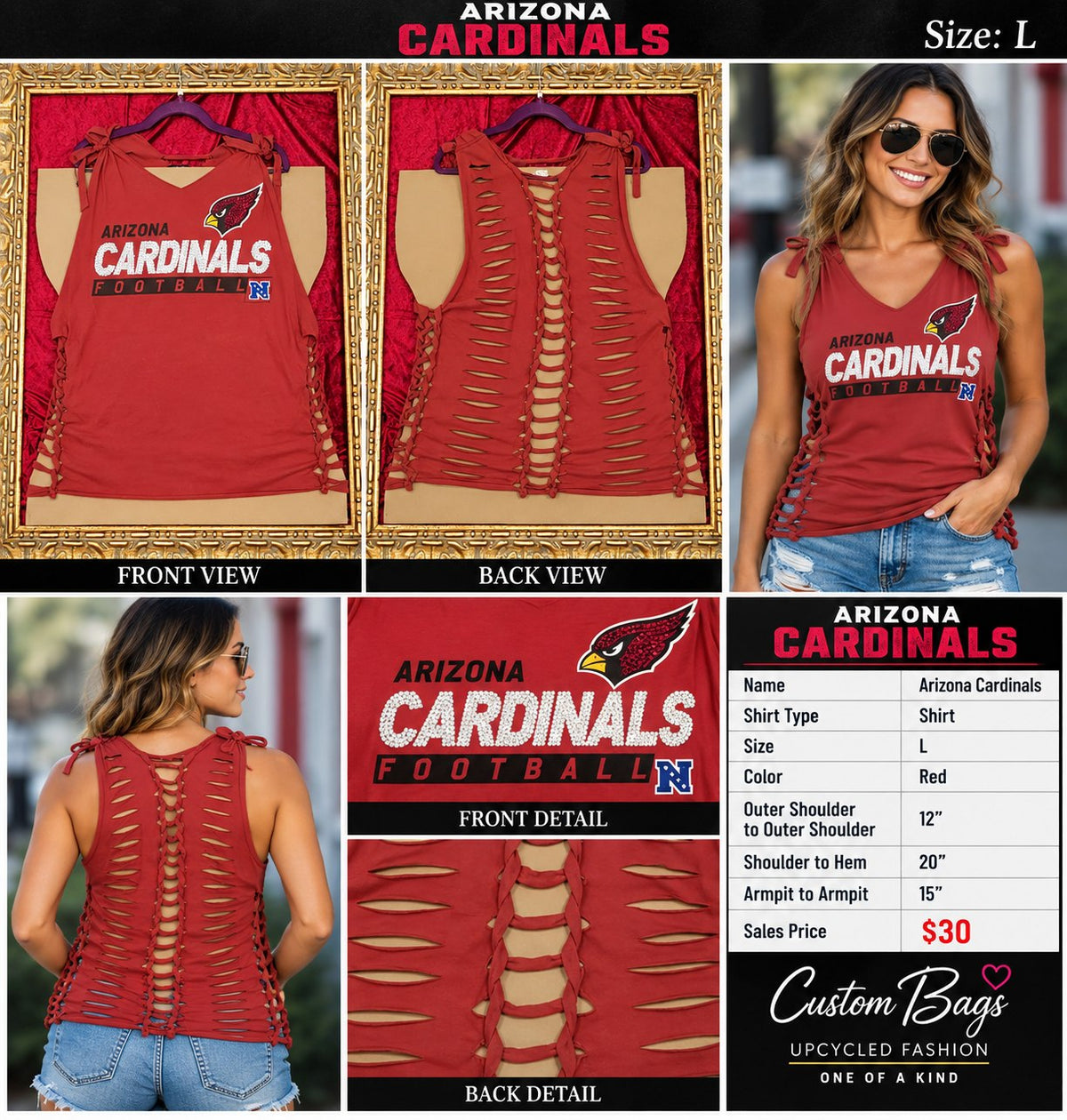 Arizona Cardinals – One-of-a-Kind Women’s L Reworked Shirt - details and styling