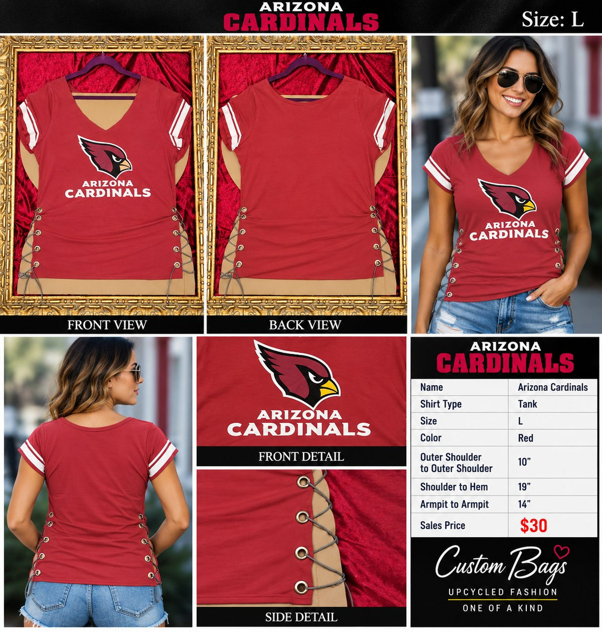 Arizona Cardinals – One-of-a-Kind Women’s L Reworked Tank - details and styling