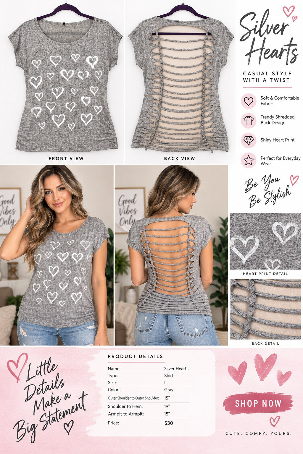 Silver Hearts – One-of-a-Kind Women’s L Reworked Shirt - details and styling