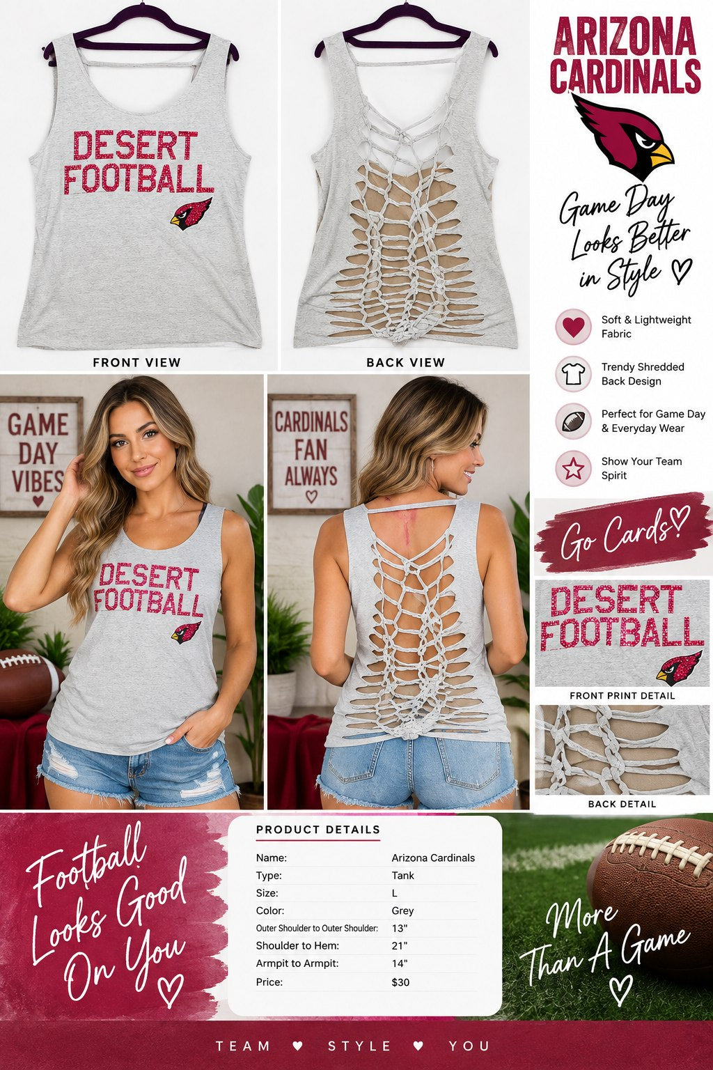 Arizona Cardinals – One-of-a-Kind Women’s L Reworked Tank - details and styling
