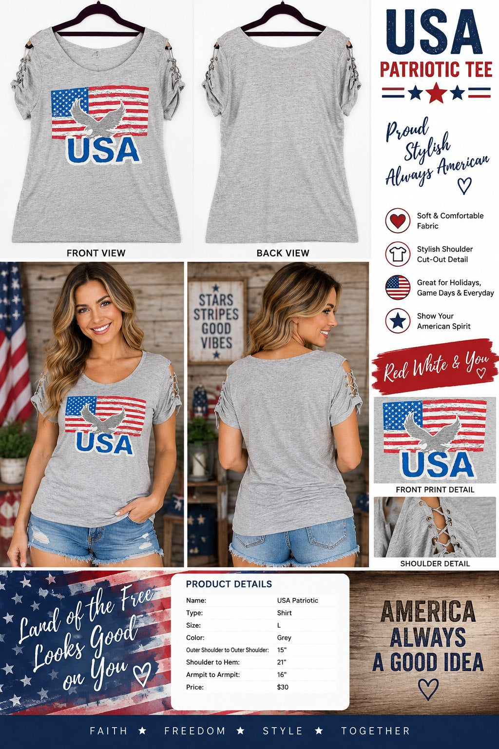 USA Patriotic – One-of-a-Kind Women’s L Reworked Shirt - details and styling