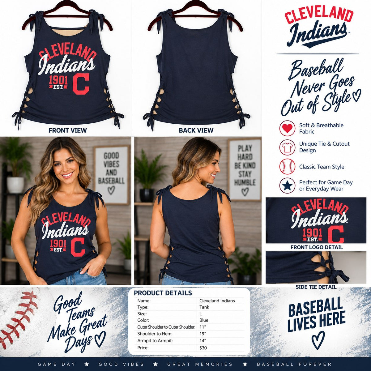 Cleveland Indians – One-of-a-Kind Women’s L Reworked Tank - details and styling