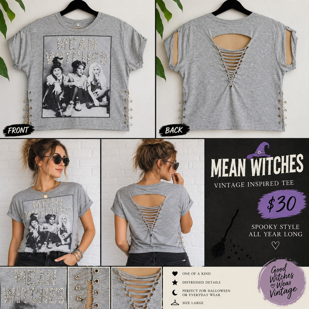 Mean Witches – One-of-a-Kind Women’s L Reworked Shirt - details and styling