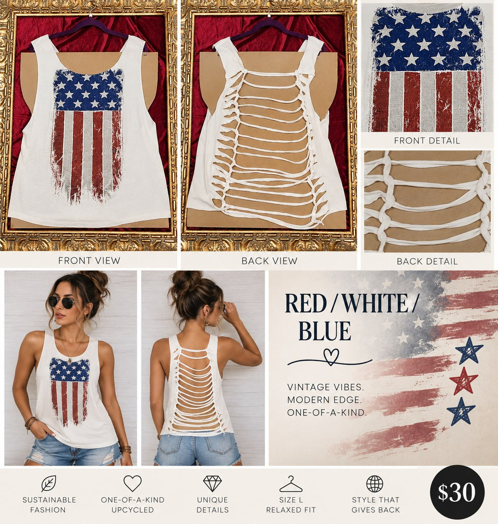 One-of-a-Kind Red / White / Blue Reworked Tank – Size L - details and styling