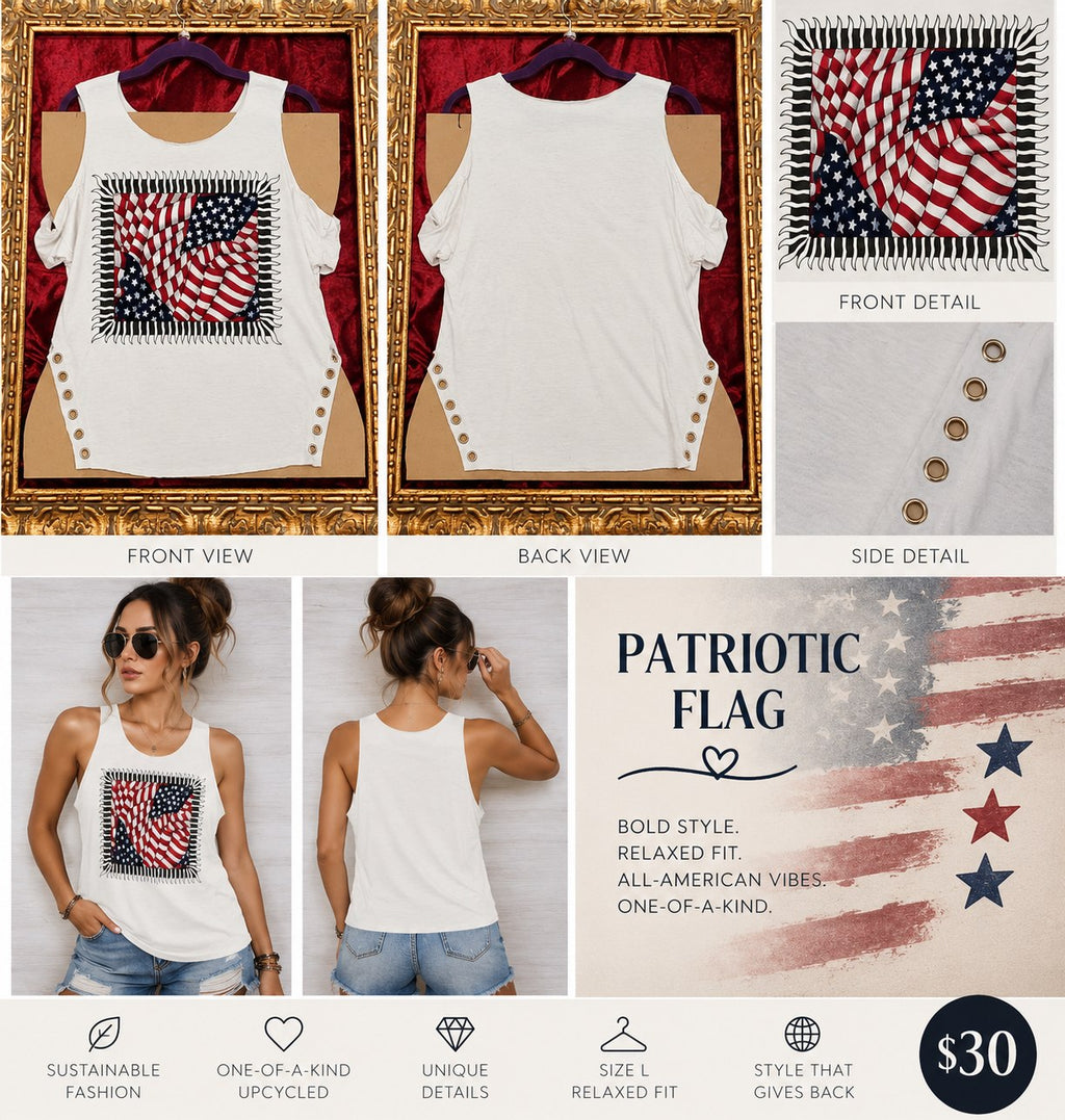 One-of-a-Kind Patriotic Flag Reworked Tank – Size L - details and styling