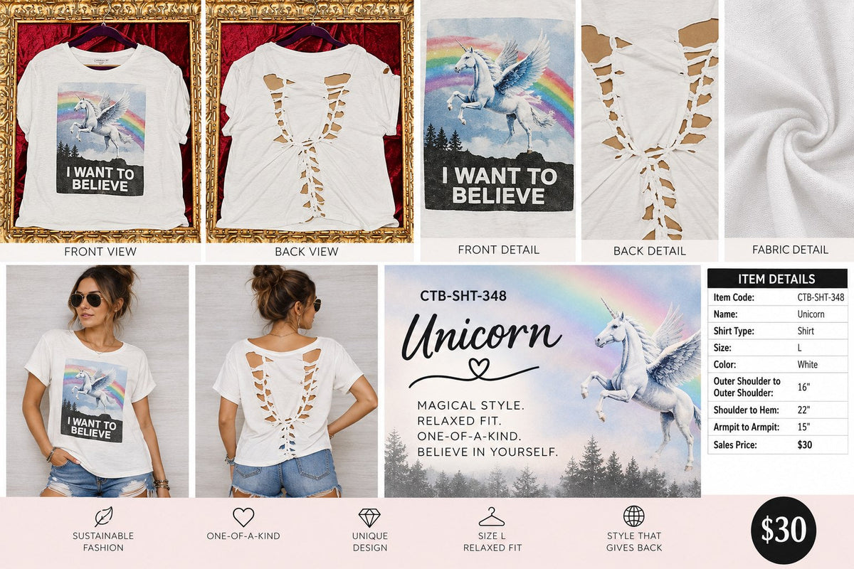 One-of-a-Kind Unicorn Reworked Shirt – Size L - details and styling