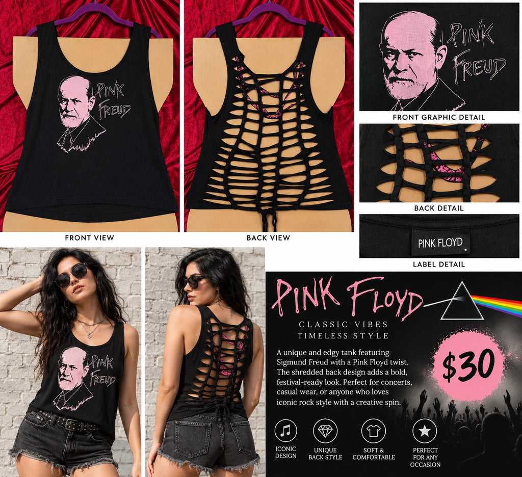 One-of-a-Kind Pink Floyd Reworked Tank – Size L - details and styling