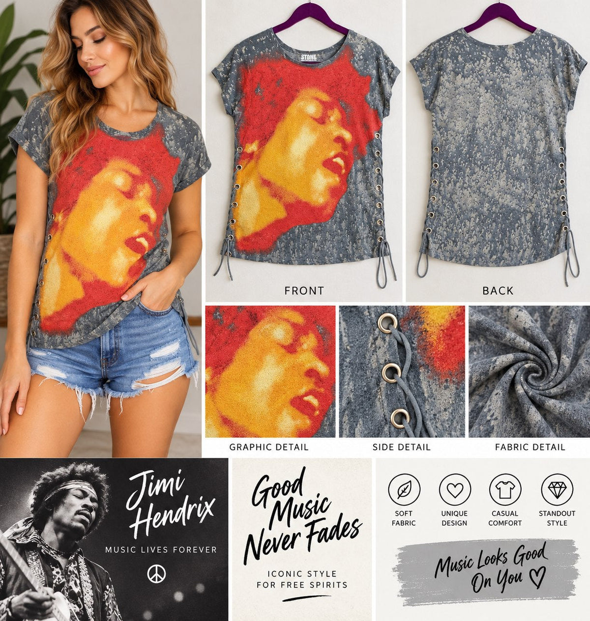 One-of-a-Kind Jimi Hendrix Reworked Shirt – Size L - details and styling