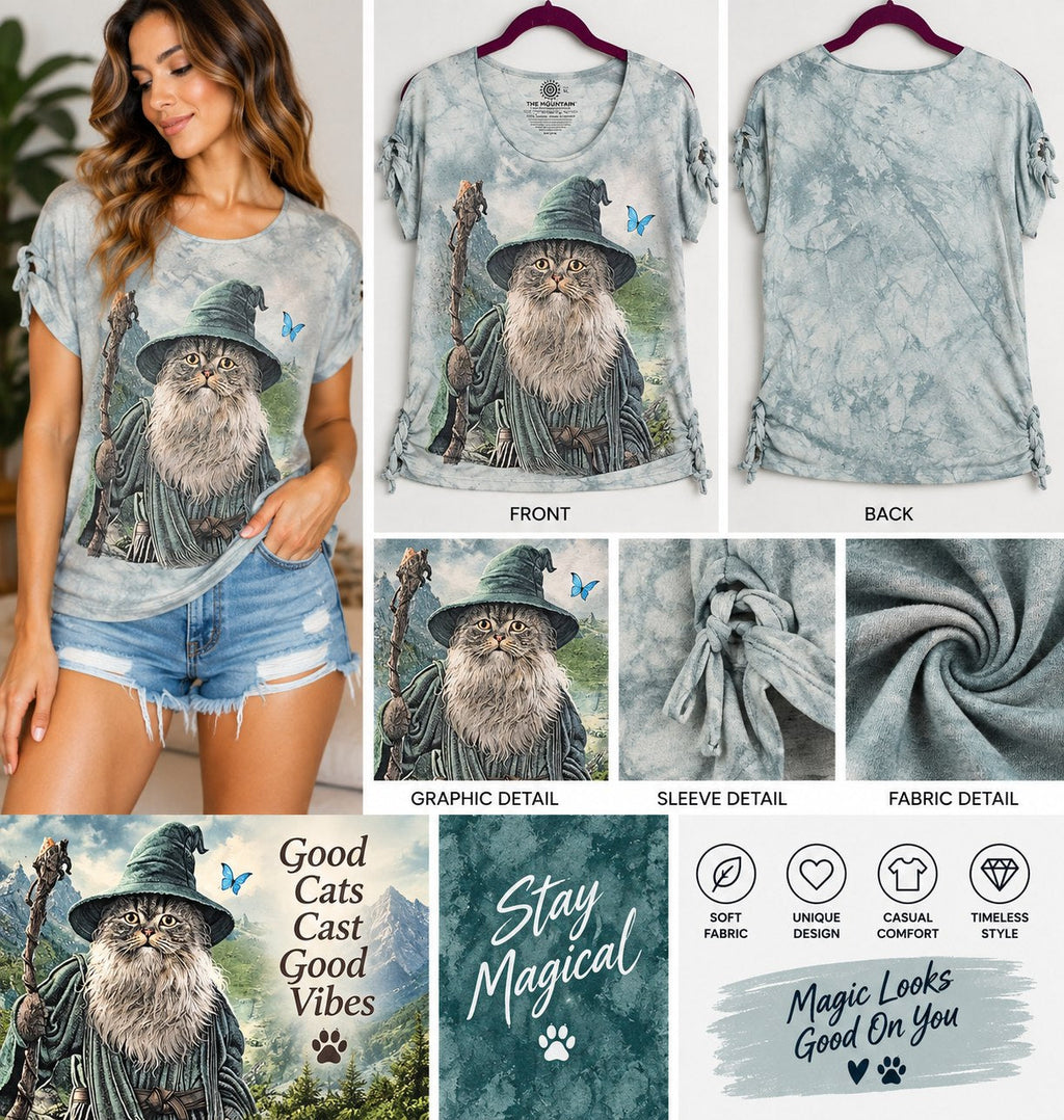 One-of-a-Kind Cat Wizard Reworked Shirt – Size L - details and styling