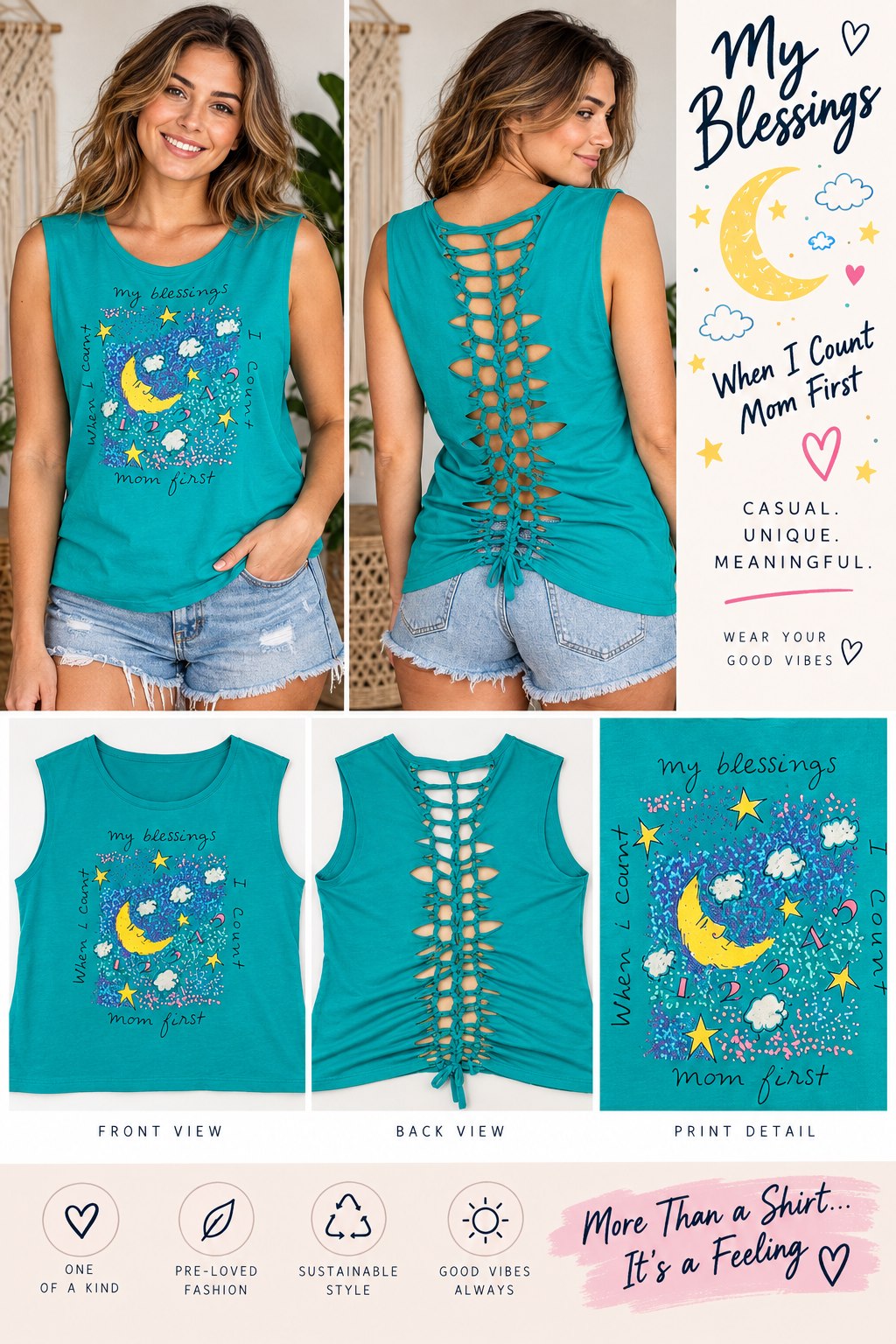 One-of-a-Kind Moon My Blessings Reworked Shirt – Size L - details and styling