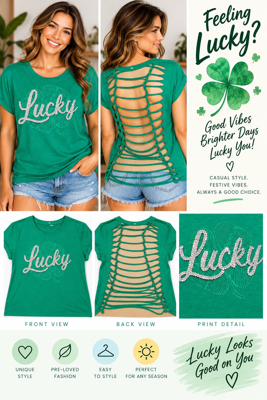 One-of-a-Kind Lucky Shamrock Reworked Shirt – Size L - details and styling