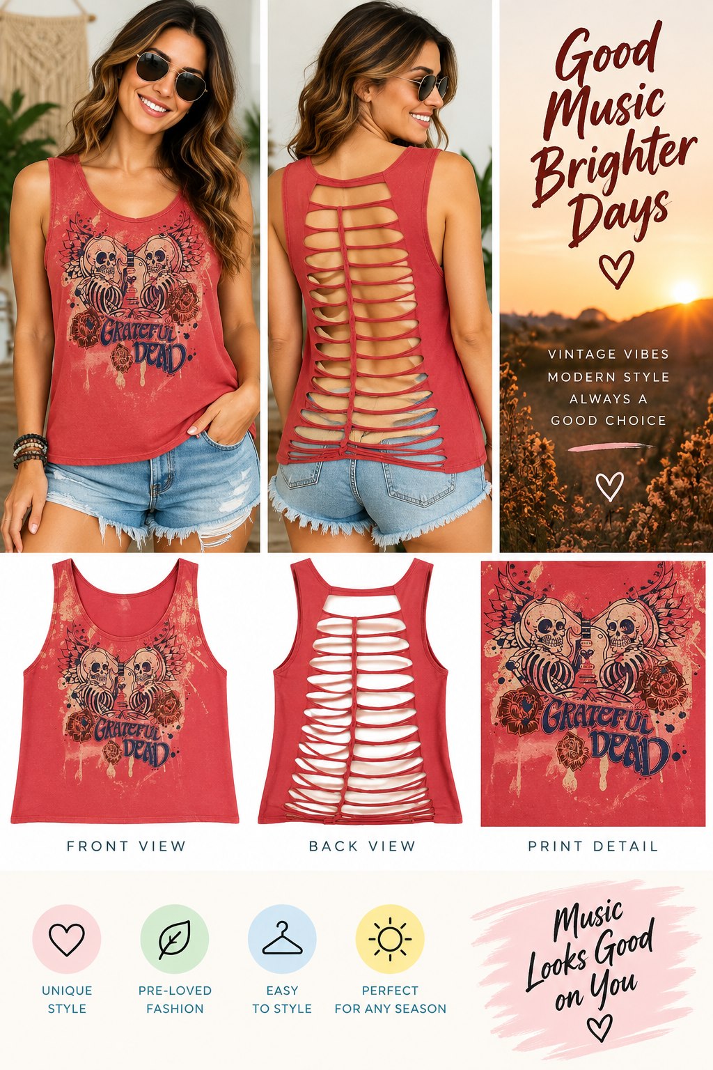 One-of-a-Kind Grateful Dead Reworked Tank – Size L - details and styling