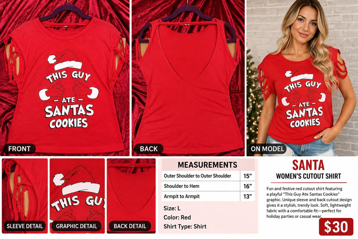 One-of-a-Kind Santa Reworked Shirt – Size L - details and styling