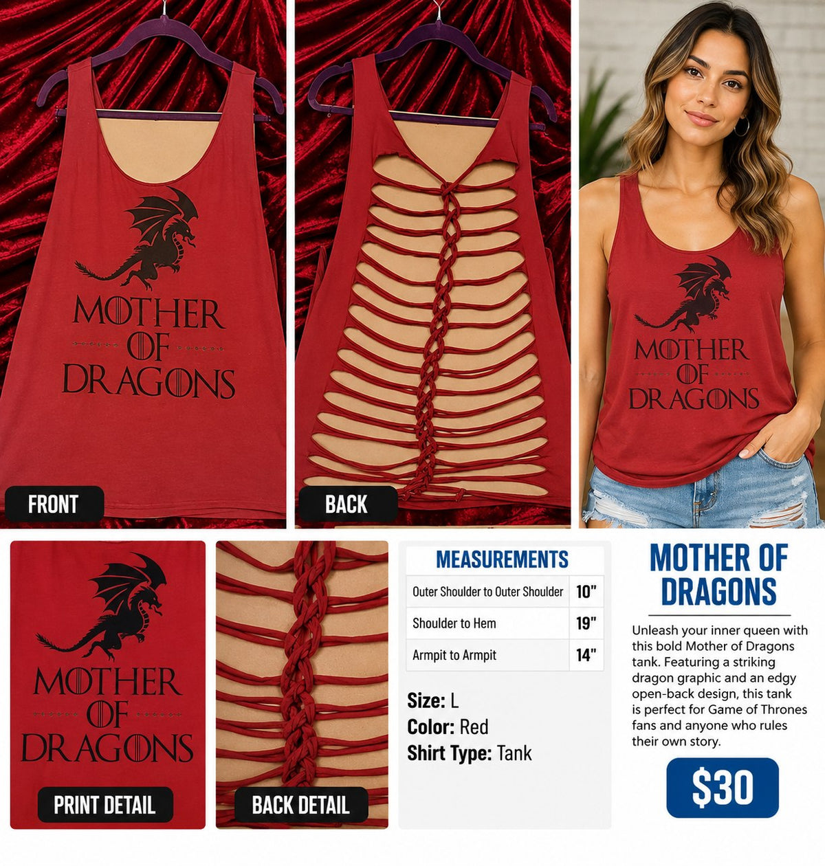 One-of-a-Kind Mother of Dragons Reworked Tank – Size L - details and styling