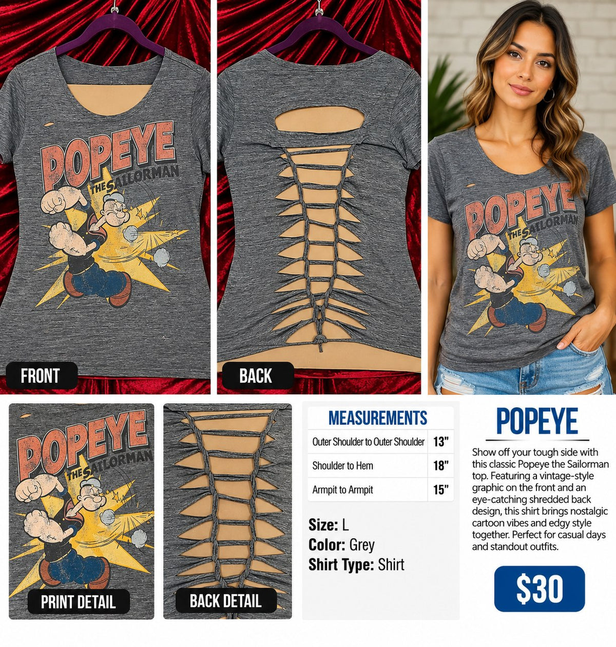 One-of-a-Kind Popeye Reworked Shirt – Size L - details and styling