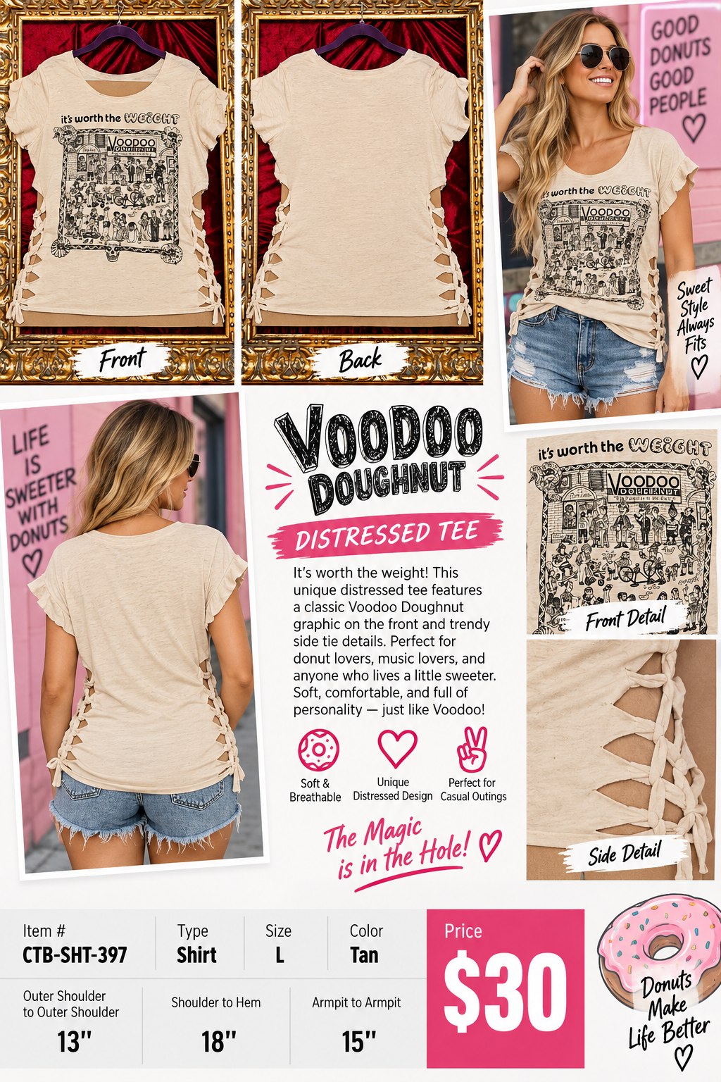 One-of-a-Kind Voodoo Doughnut Reworked Shirt – Size L - details and styling