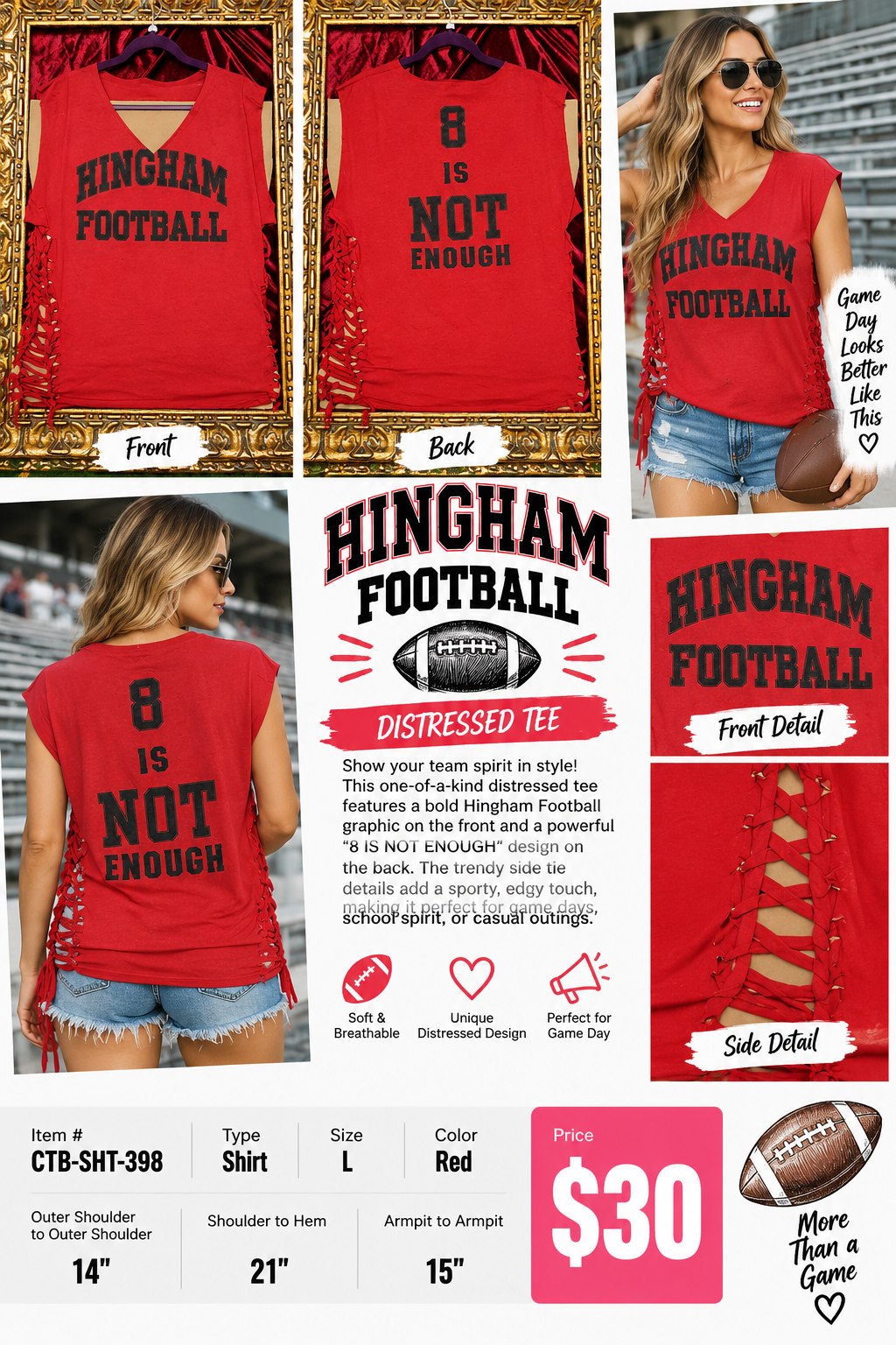 One-of-a-Kind Hingham Football Reworked Shirt – Size L - details and styling