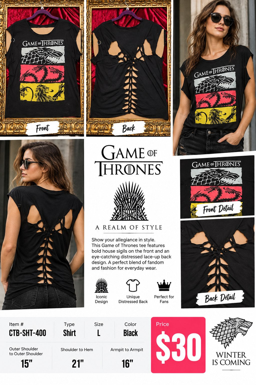 One-of-a-Kind Game of Thrones Reworked Shirt – Size L - details and styling