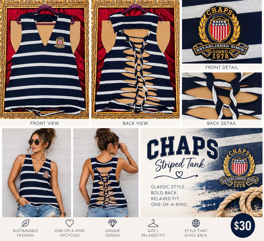 One-of-a-Kind Chaps Striped Reworked Tank – Size L - details and styling