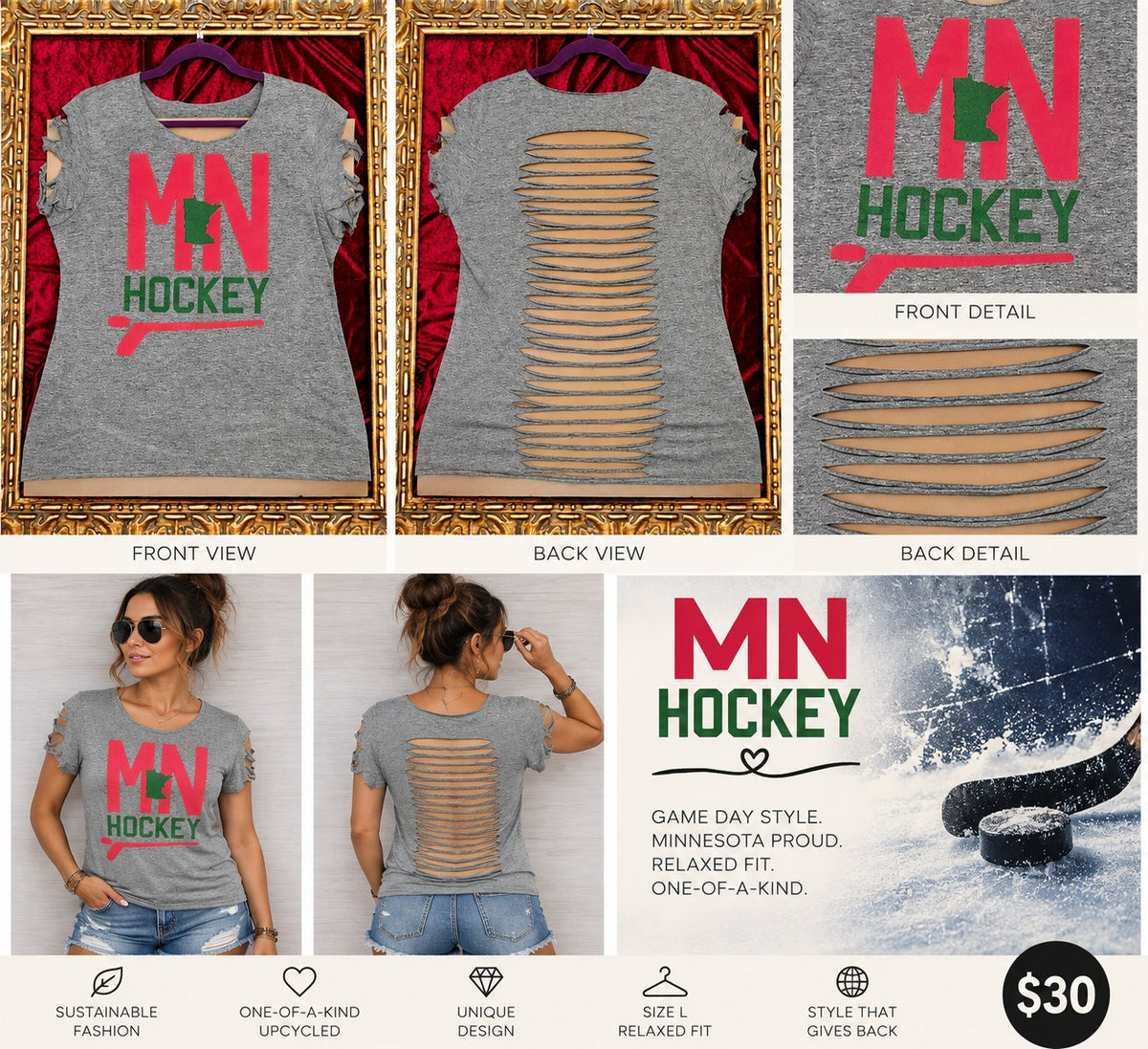 One-of-a-Kind MN Hockey Reworked Shirt – Size L - details and styling