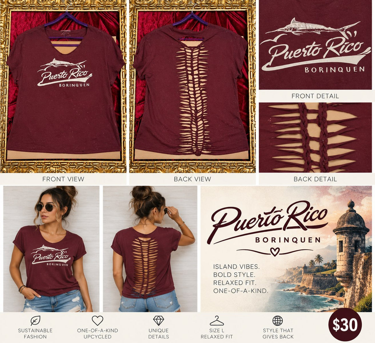 One-of-a-Kind Puerto Rico Reworked Shirt – Size L - details and styling
