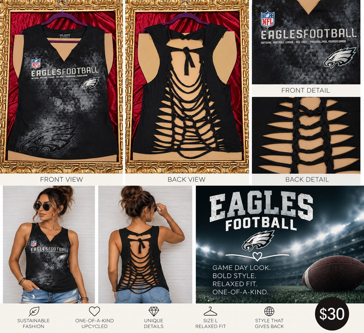 One-of-a-Kind Eagles Football Reworked Tank – Size L - details and styling