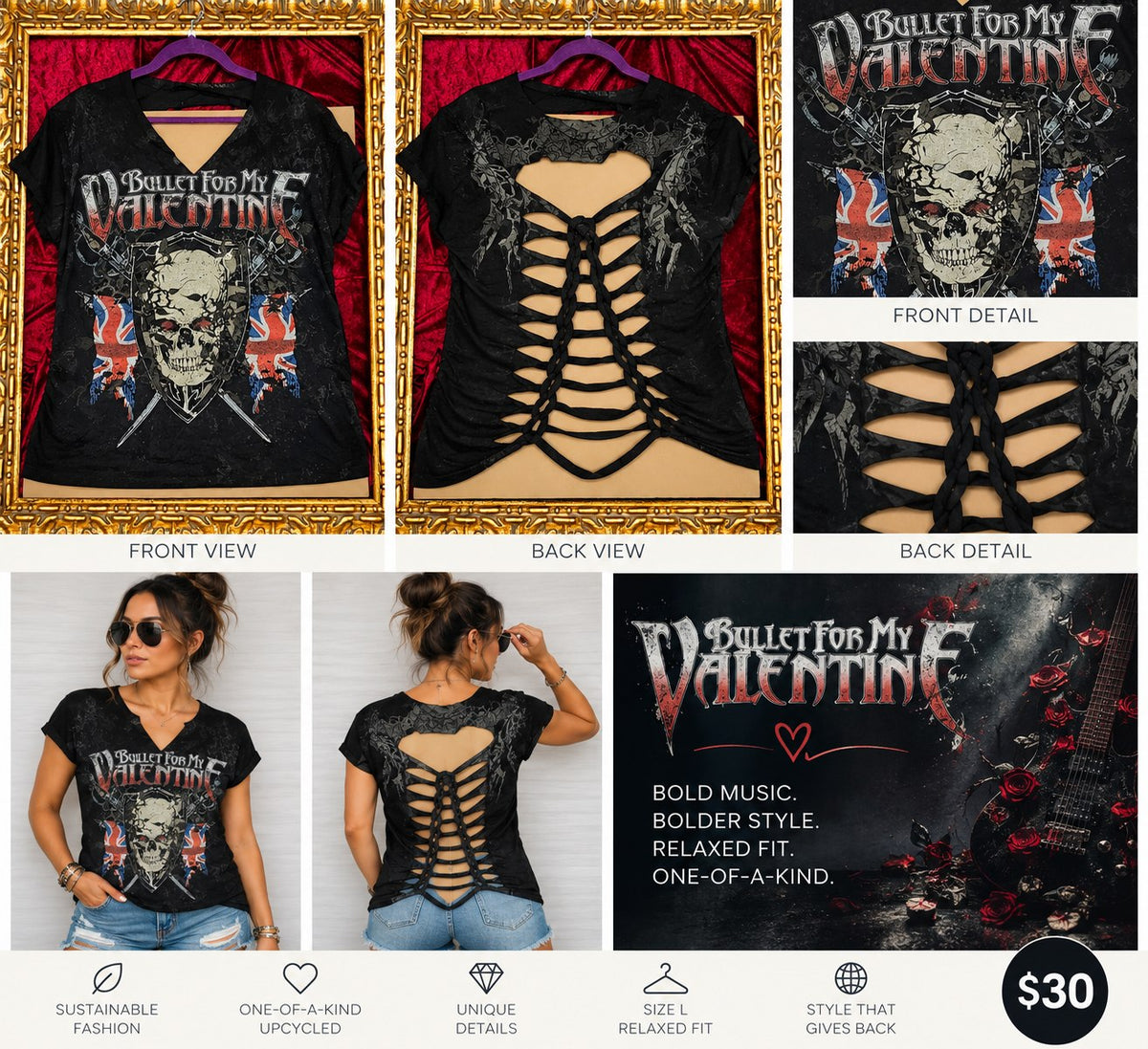 One-of-a-Kind Bullet for My Valentine Reworked Shirt – Size L - details and styling