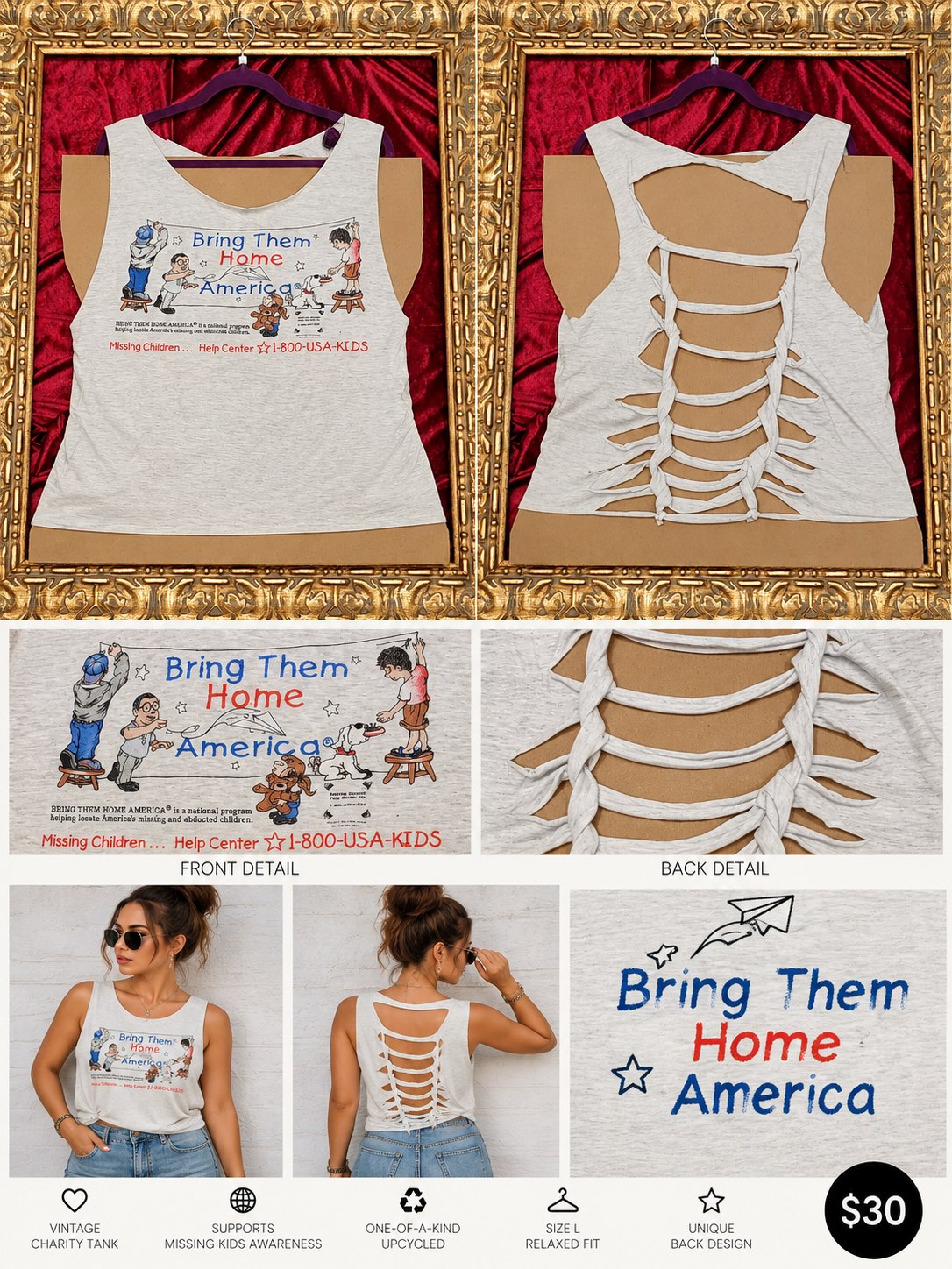 One-of-a-Kind Missing Kids Reworked Tank – Size L - details and styling