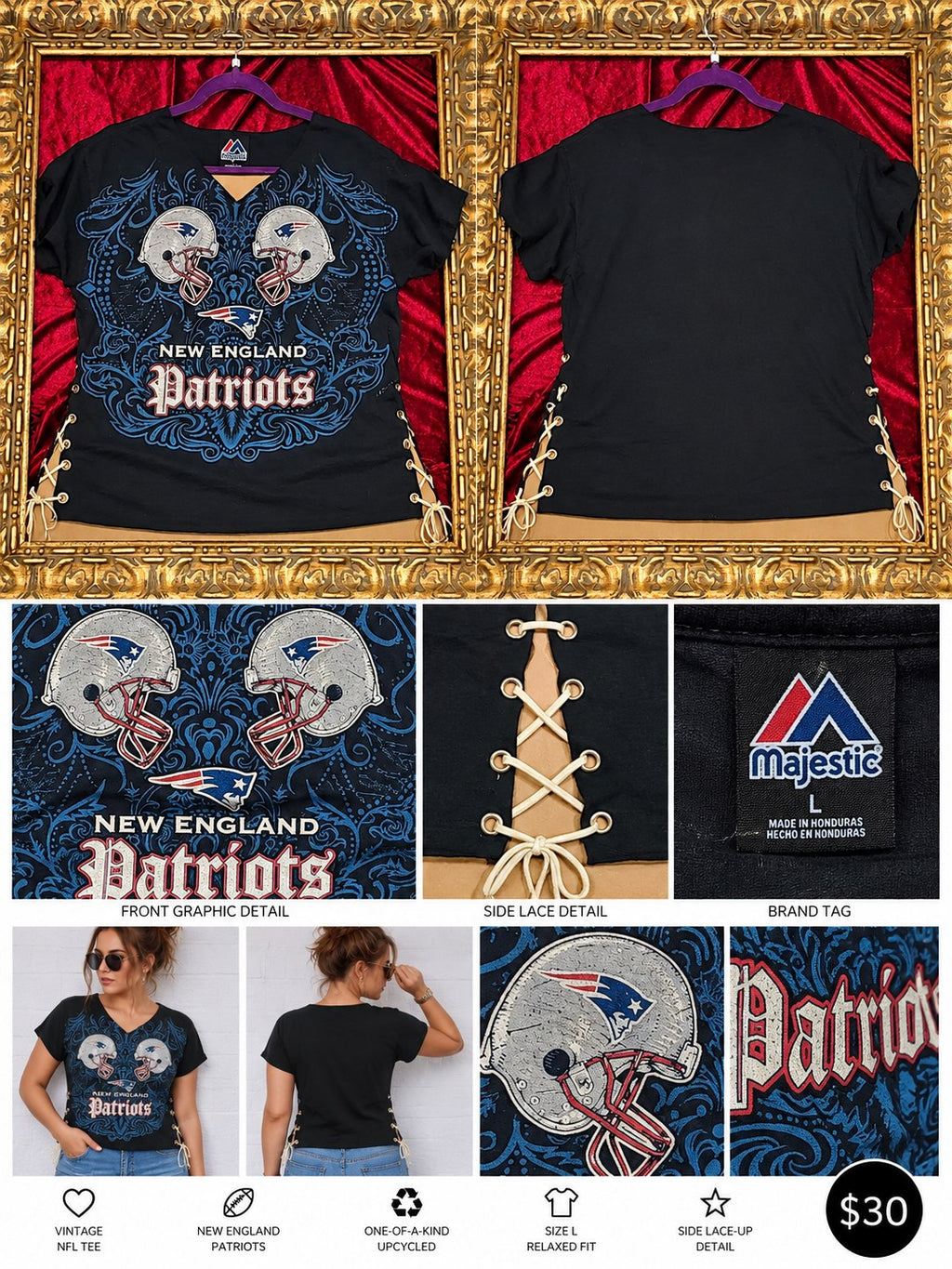One-of-a-Kind New England Patriots Reworked Shirt – Size L - details and styling