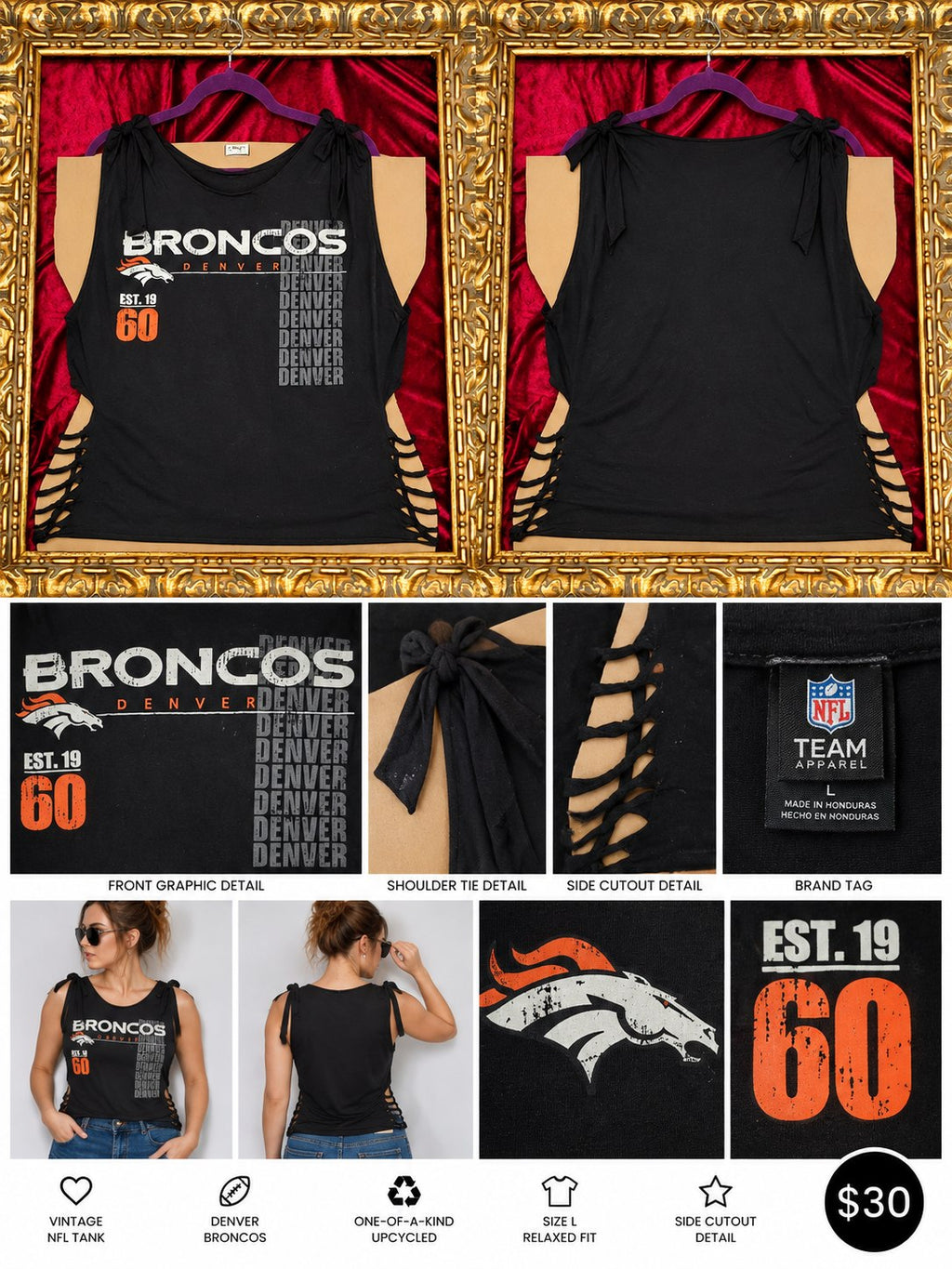 One-of-a-Kind Denver Broncos Reworked Tank – Size L - details and styling