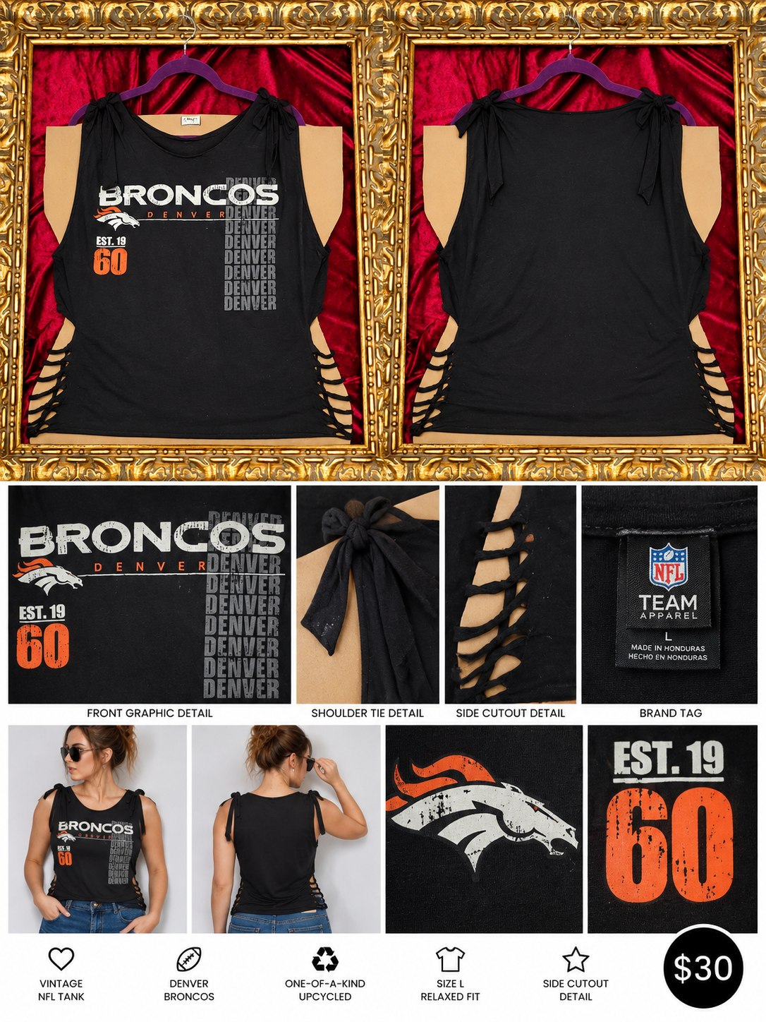 One-of-a-Kind Denver Broncos Reworked Tank – Size L - details and styling
