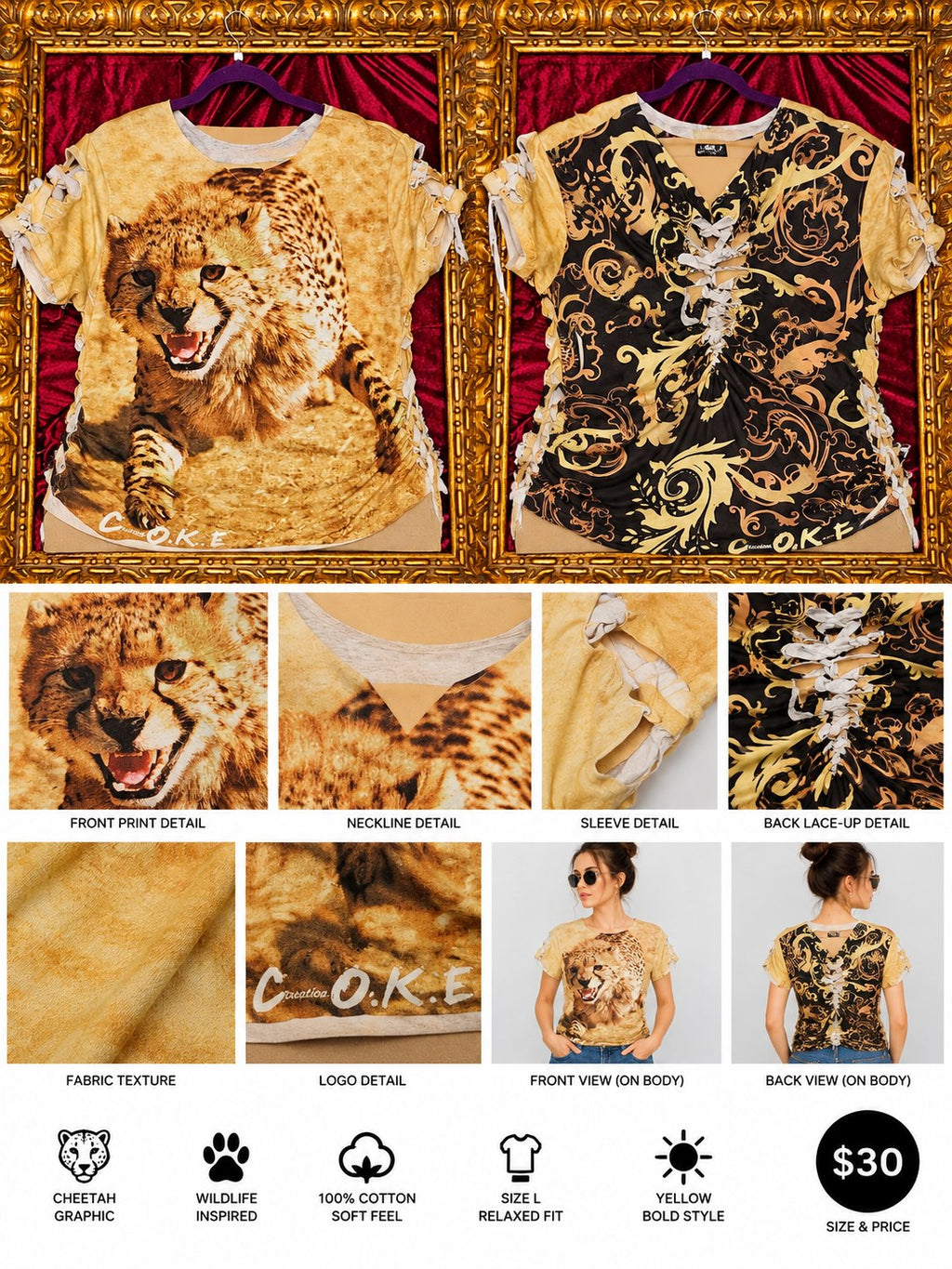 One-of-a-Kind Cheetah Reworked Shirt – Size L - details and styling
