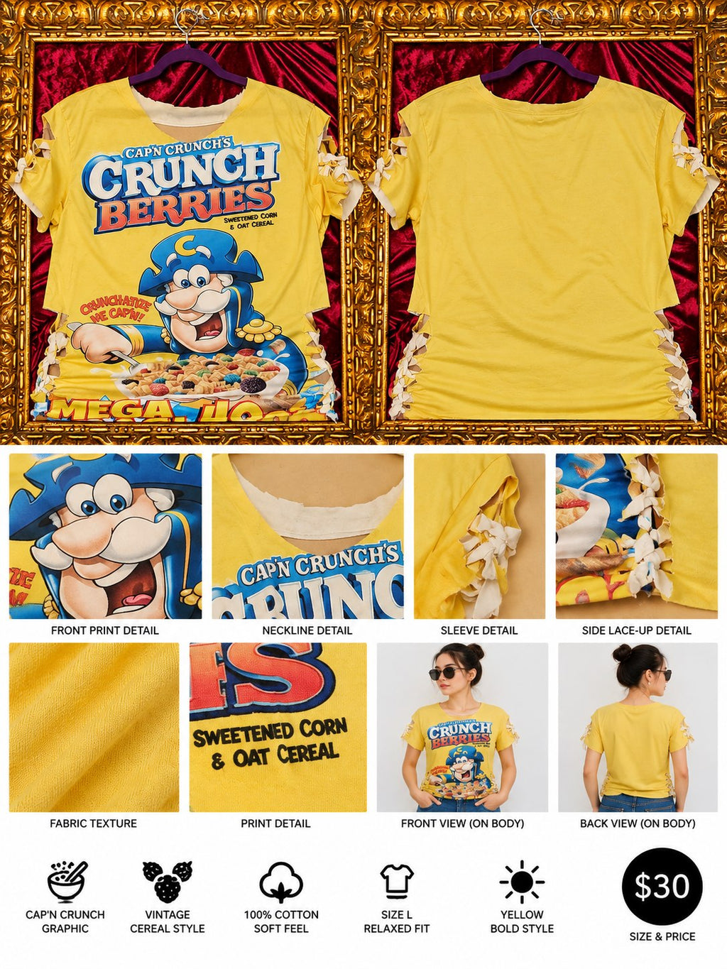One-of-a-Kind Crunch Berries Reworked Shirt – Size L - details and styling