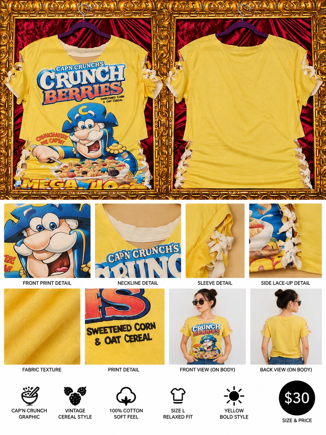 One-of-a-Kind Crunch Berries Reworked Shirt – Size L - details and styling