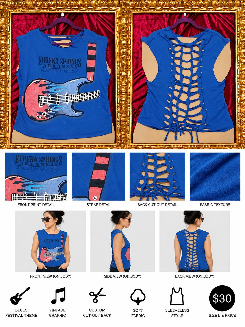 One-of-a-Kind Eureka Springs Reworked Sleeveless – Size L - details and styling
