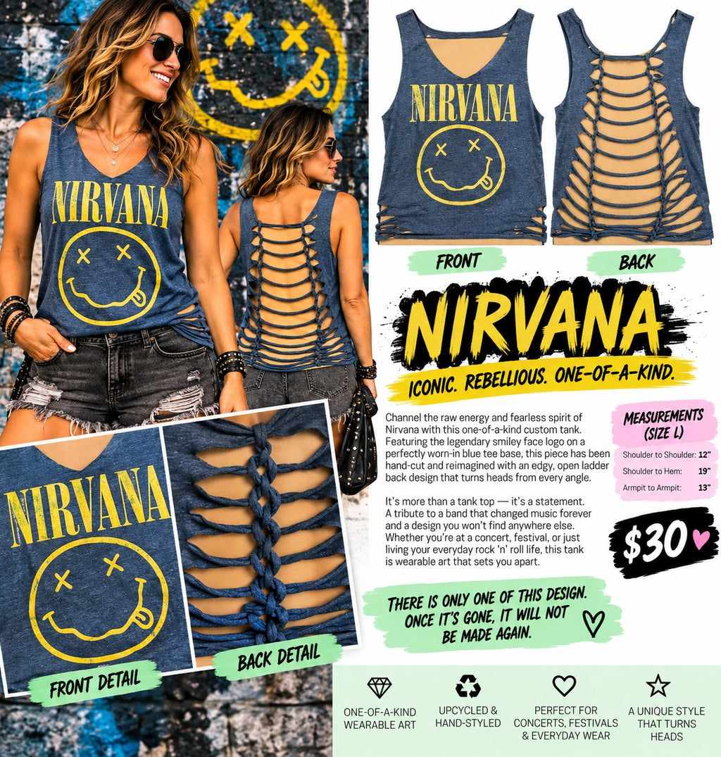 One-of-a-Kind Nirvana Reworked Tank – Size L - details and styling